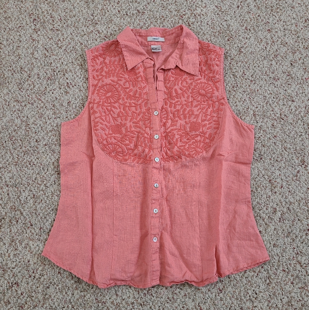 🔥 Edward Linen Embroidered Sleeveless Button Down Blouse Size Lg